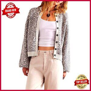 Leopard Print Bomber Jacket Button Front Loose Fit Casual Retro Chic Cardigan
